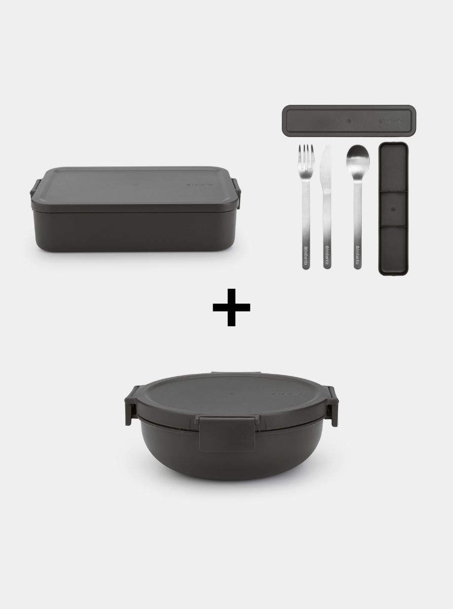 Make & Take Complete Lunch Set Bento Lunch Box  & Salad Bowl with 3-Piece Cutlery Set – Dark Grey