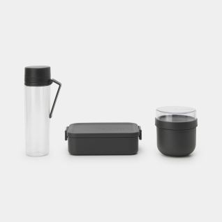 Make & Take per colazione e pranzo Set da 3 (borraccia con filtro infusore, contenitore rotondo per colazione 0,5 litri, portavivande di media dimensione in plastica) - Dark Grey