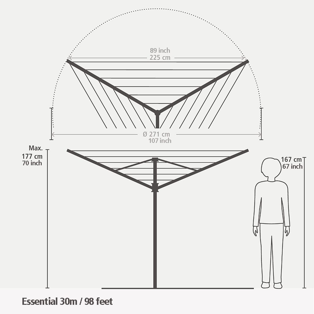 Tendedero Rotary Essential 30 metros, con soporte para jardín y diámetro de 35 mm - Metallic Grey