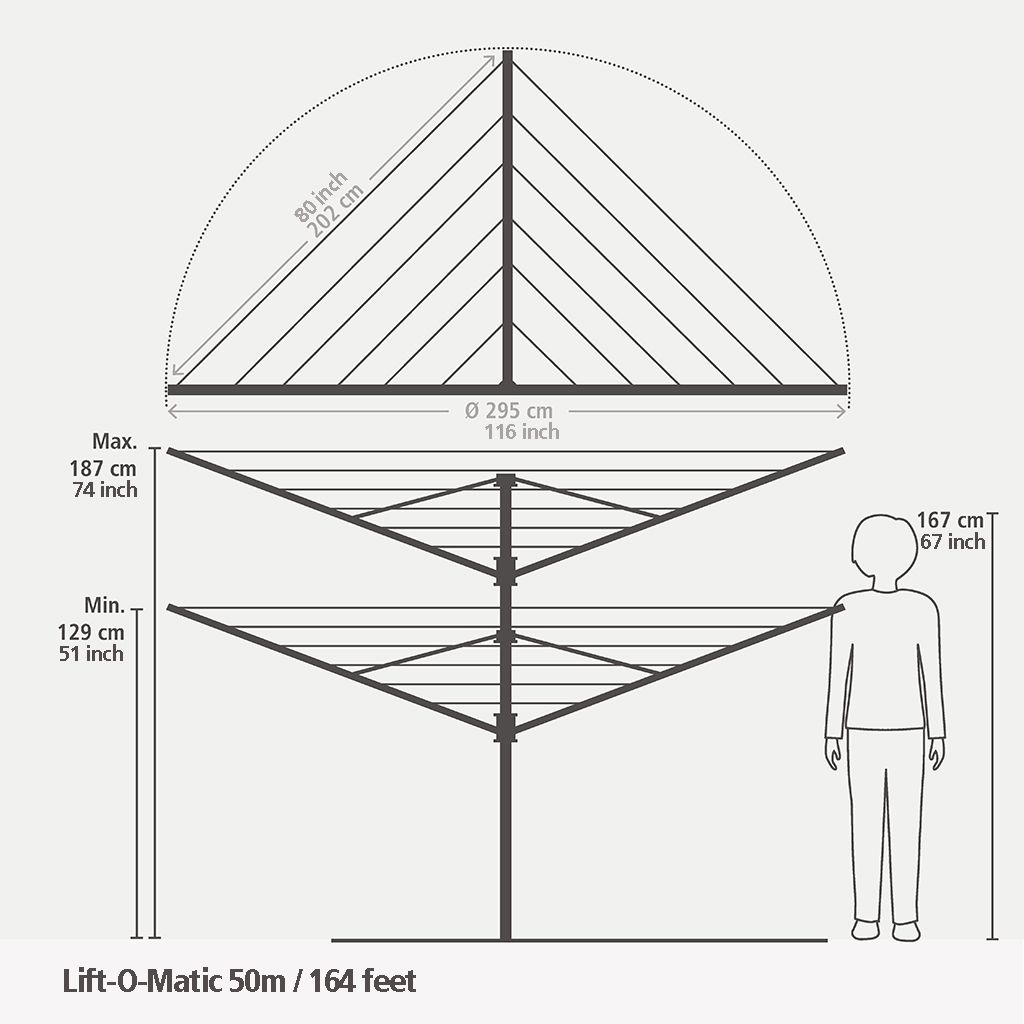 Tendedero Rotary Lift-O-Matic 50 metros, con soporte para jardín, funda y diámetro de 45 mm - Metallic Grey