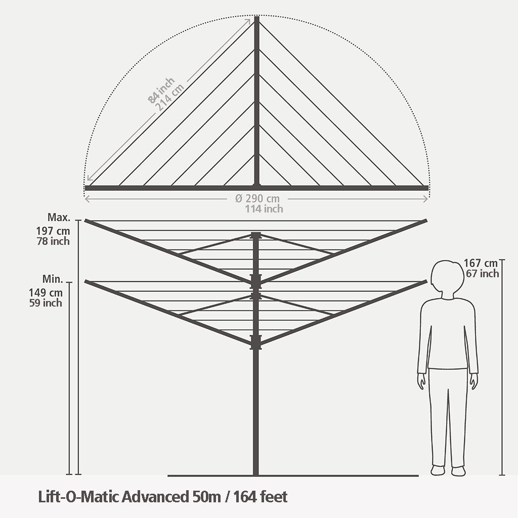 Lift-O-Matic Advance Droogmolen  50 meter, met grondanker, hoes & wasknijpertas, Ø 50 mm - Metallic Grey