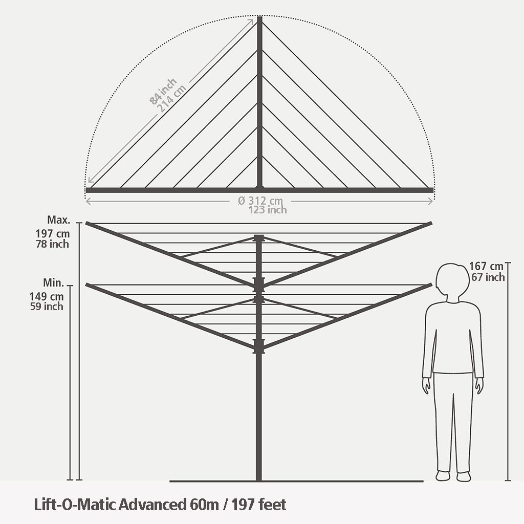 Tendedero Rotary Lift-O-Matic Advance 60 metros, con soporte para jardín, funda, bolsa para pinzas y diámetro de 50 mm - Metallic Grey