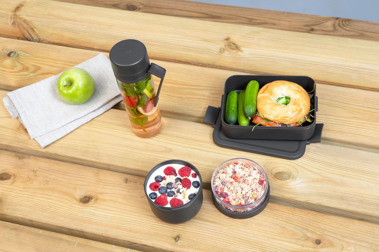 Make & Take Breakfast and Lunch Set 3 pieces (Water Bottle + Breakfast Bowl + Lunch Box Medium Plastic) - Dark Grey
