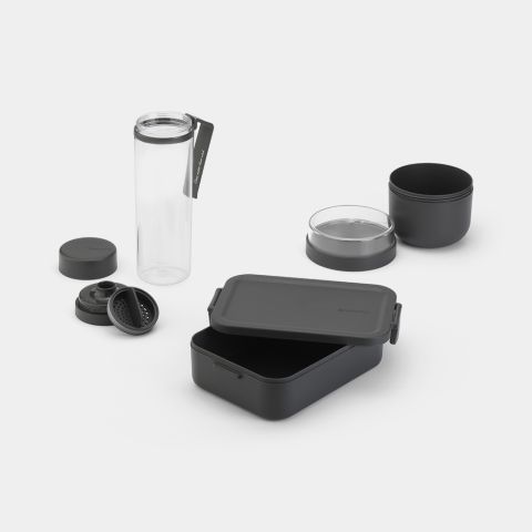Make & Take Ontbijt- en Lunchset 3-delig, kunststof (waterfles met zeef, ontbijtkom 0,5 liter, lunchbox medium) - Dark Grey