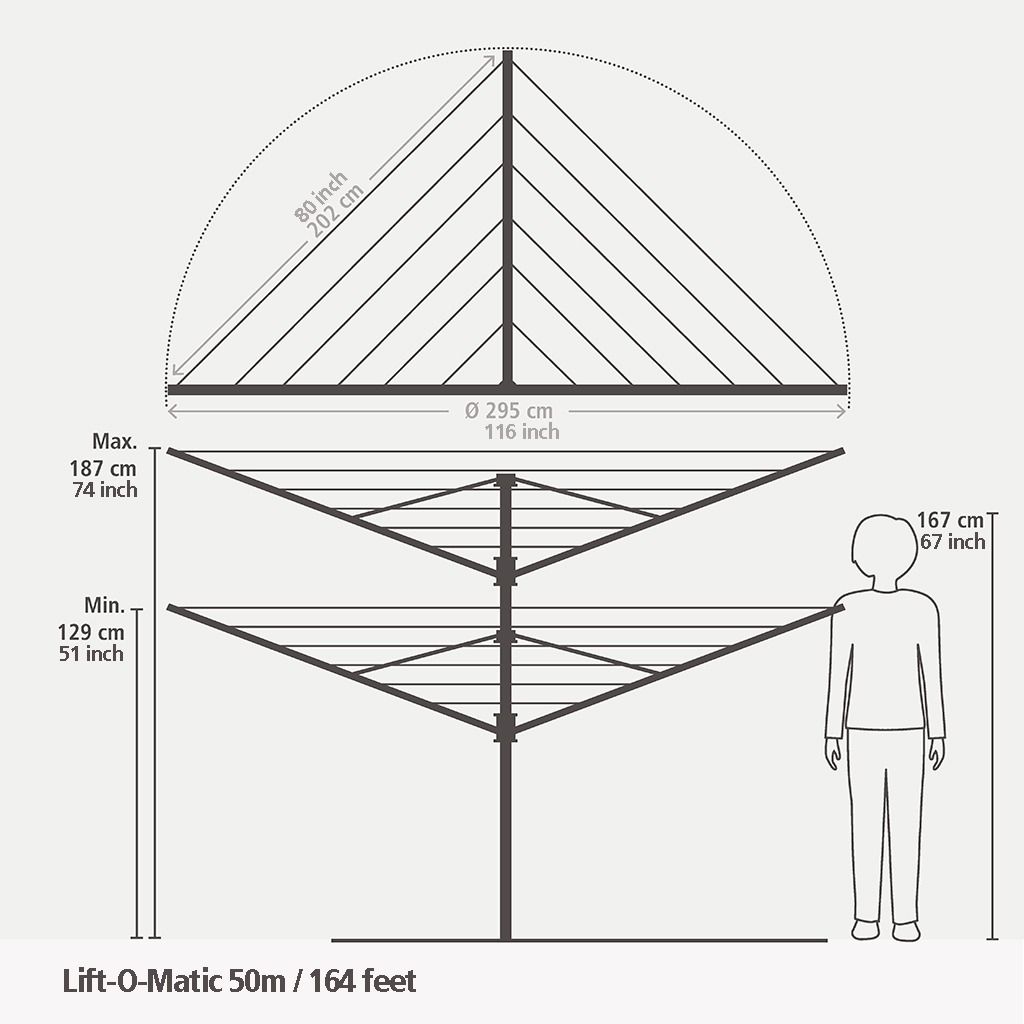 Lift-O-Matic Advance Droogmolen 50 meter, met grondanker, hoes & wasknijpertas, Ø 50 mm - Metallic Grey