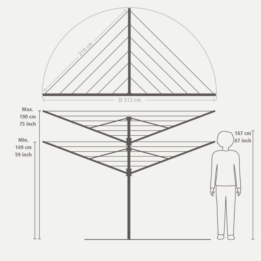 Rotary Clothesline Lift-O-Matic Advance 197 ft (60 m), with Concrete Tube, Cover & Peg Bag, Ø 2 in ( 50 mm) - Metallic Gray