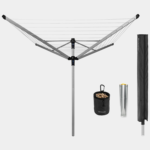 Séchoir Lift-O-Matic Advance 60 mètres, avec ancre de sol, housse et sac pour pinces à linge, Ø 50 mm - Metallic Grey