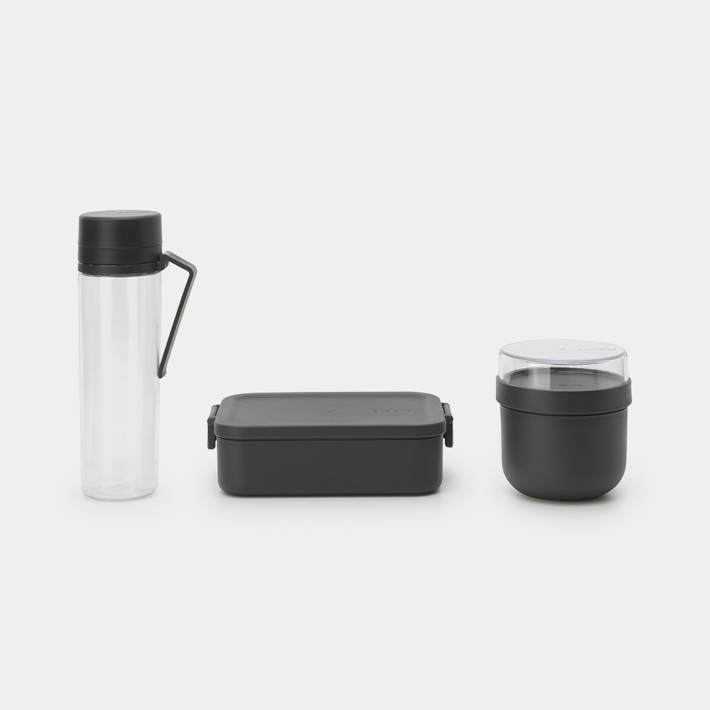 Make & Take für Frühstück und Mittag 3er-Set (Wasserflasche mit Sieb, Frühstücksschale 0,5 Liter, Lunchbox Mittelgroß Kunststoff) - Dark Grey