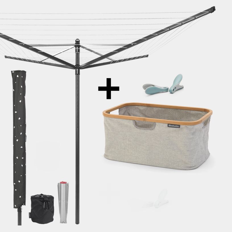 Lift-O-Matic Droogmolen + gratis wasmand en wasknijpers 50 meter, met grondanker, hoes & wasknijpertas, Ø 45 mm - Anthracite
